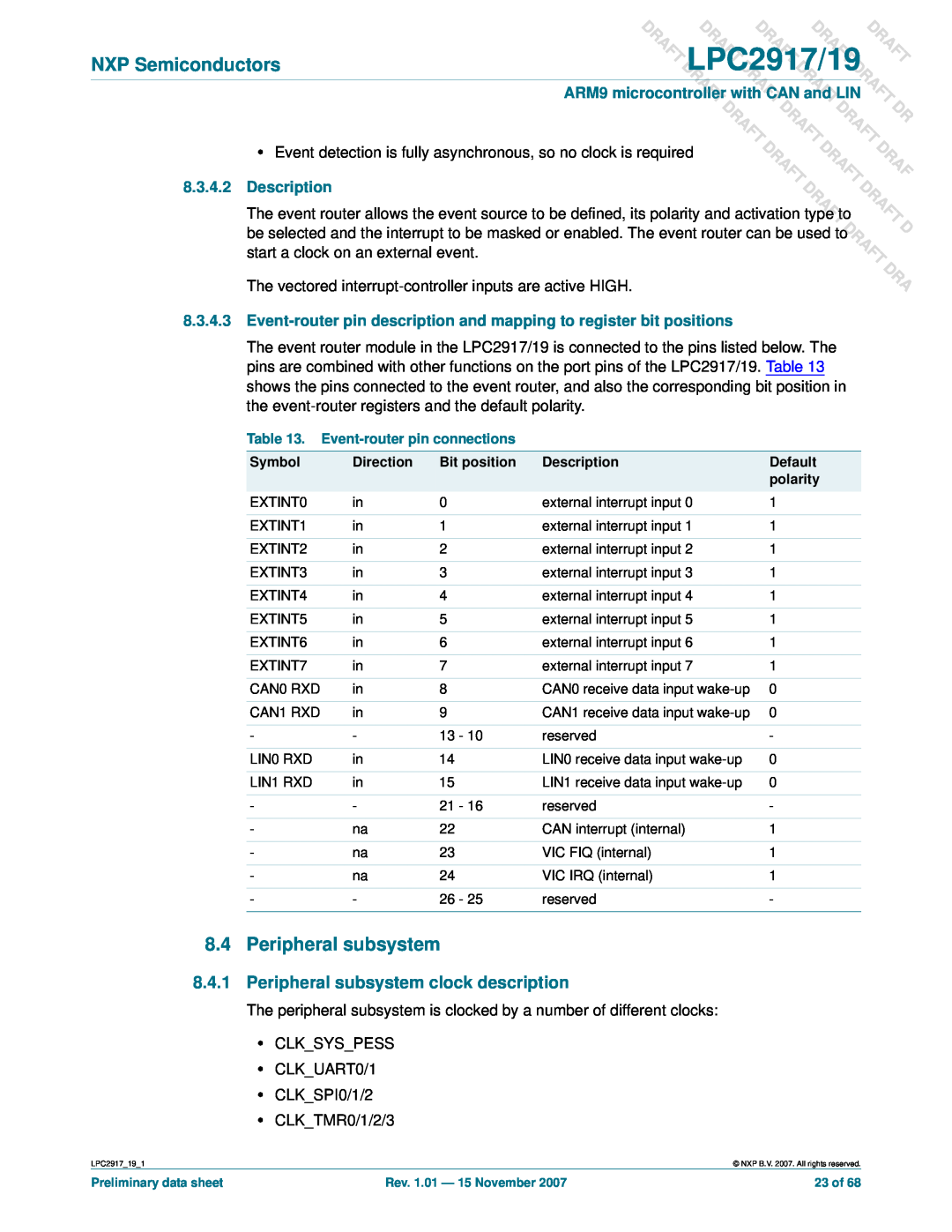 NXP Semiconductors LPC2919 user manual Peripheral subsystem clock description, DLPC2917/19 