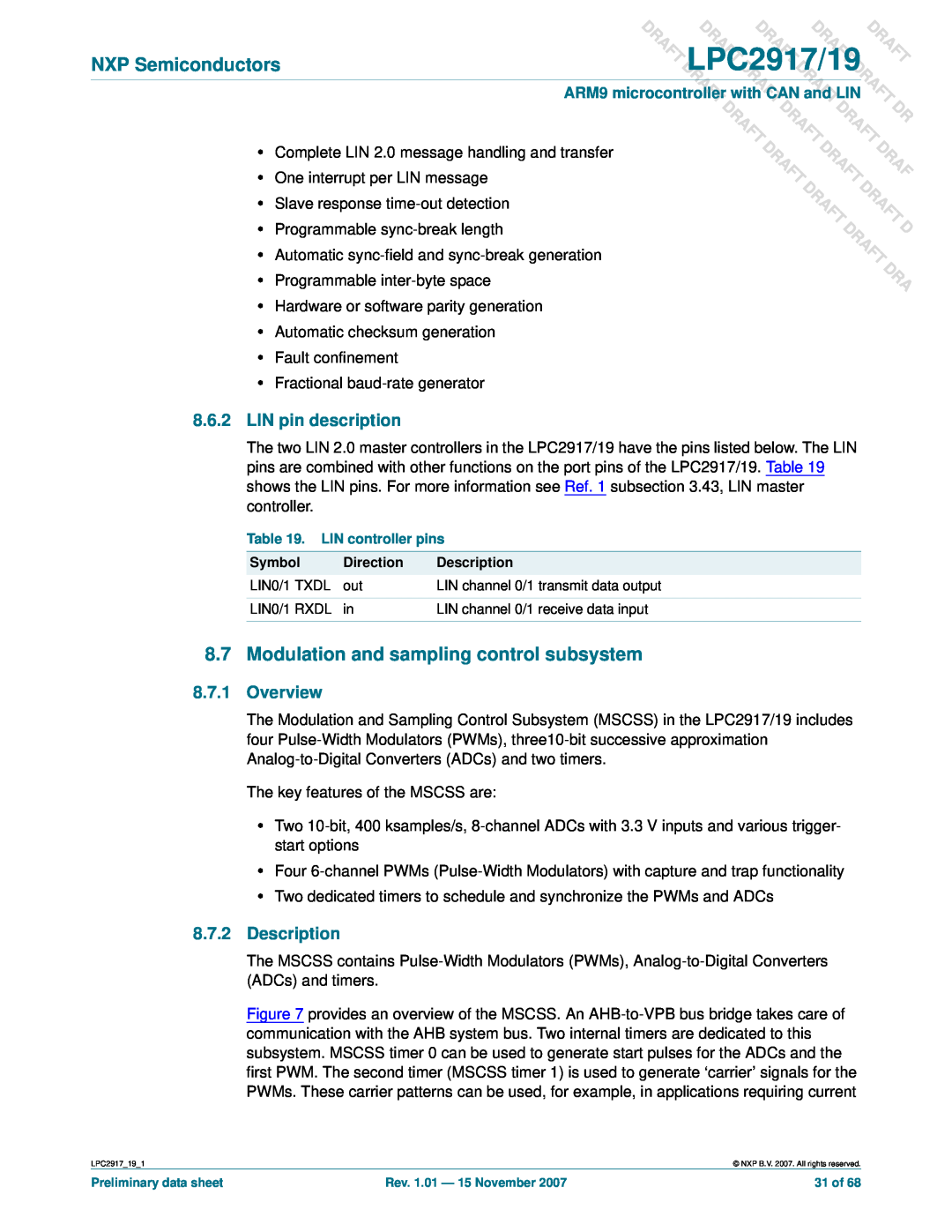 NXP Semiconductors LPC2919 user manual LIN pin description, Overview, Description, DLPC2917/19, Draft Draft 