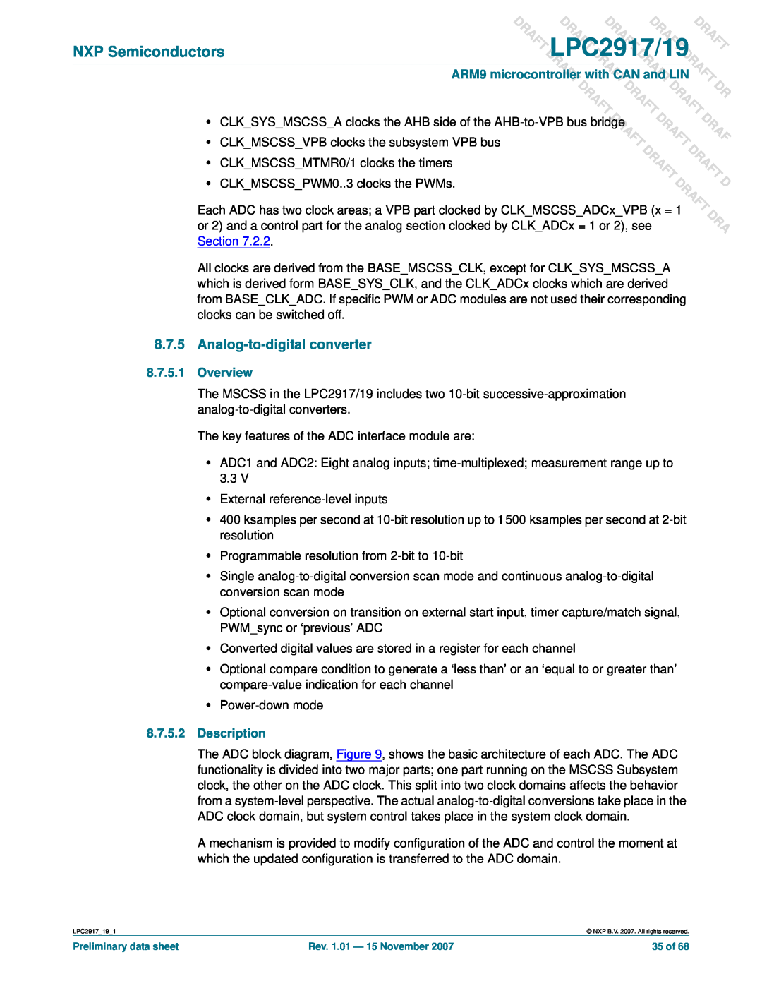 NXP Semiconductors LPC2919 user manual Analog-to-digital converter, Overview, Description, DLPC2917/19, Draft 