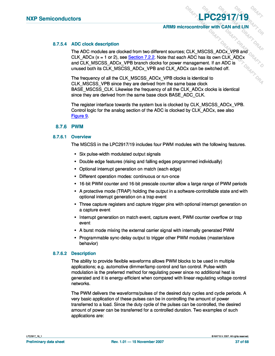 NXP Semiconductors 8.7.6 PWM, ADC clock description, Overview, Description, DLPC2917/19, Raft Aft, T Draft, Draft Draft 
