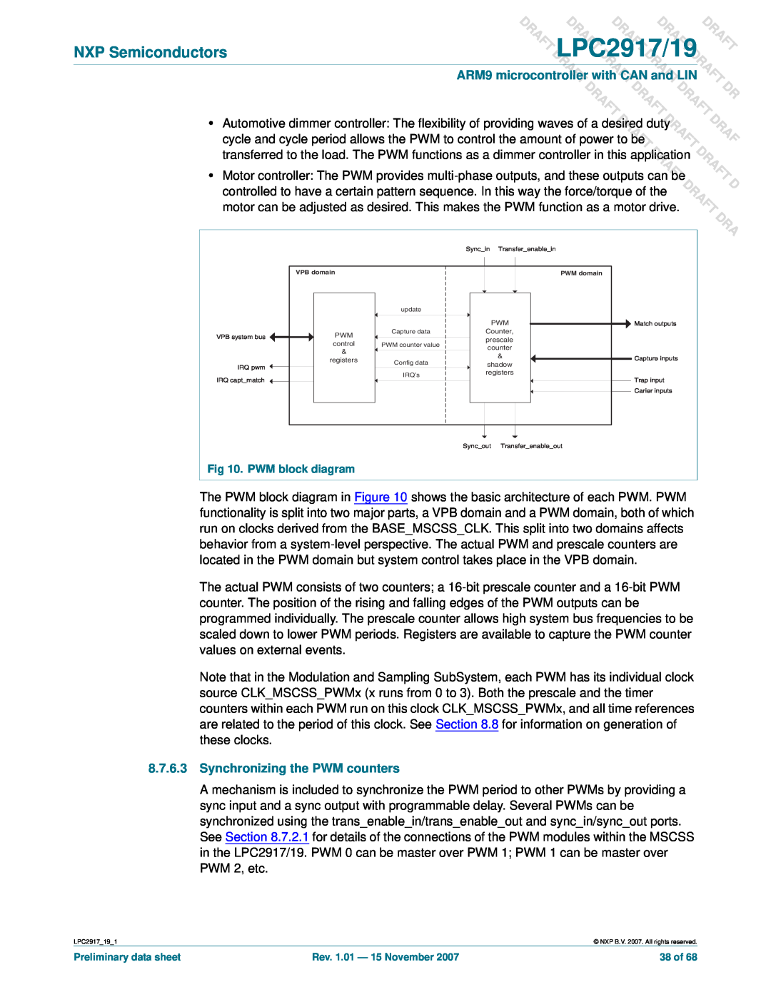 NXP Semiconductors LPC2919 user manual Synchronizing the PWM counters, DLPC2917/19, PWM block diagram 