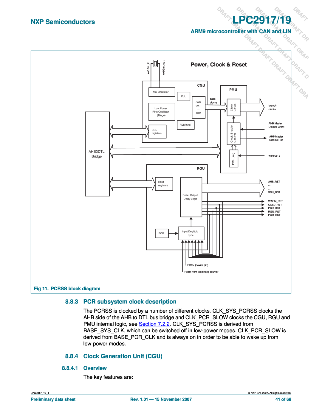 NXP Semiconductors PCR subsystem clock description, Clock Generation Unit CGU, DLPC2917/19, Power, Clock & Reset 