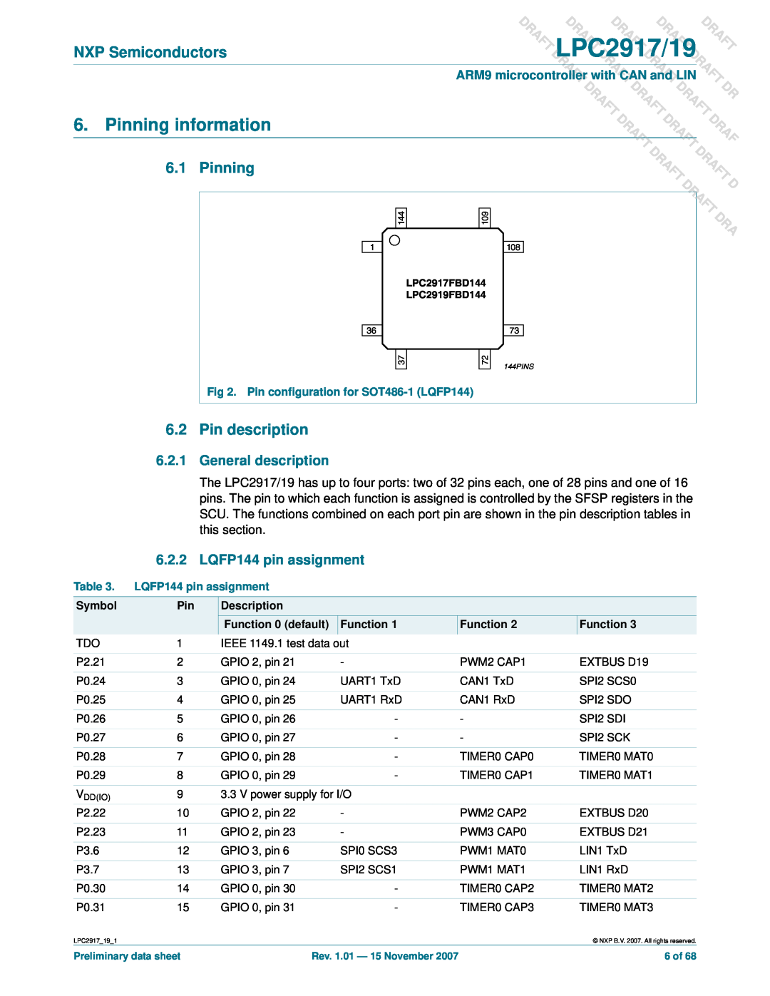 NXP Semiconductors LPC2919 Pinning information, General description, LQFP144 pin assignment, DLPC2917/19, Draft Draft 