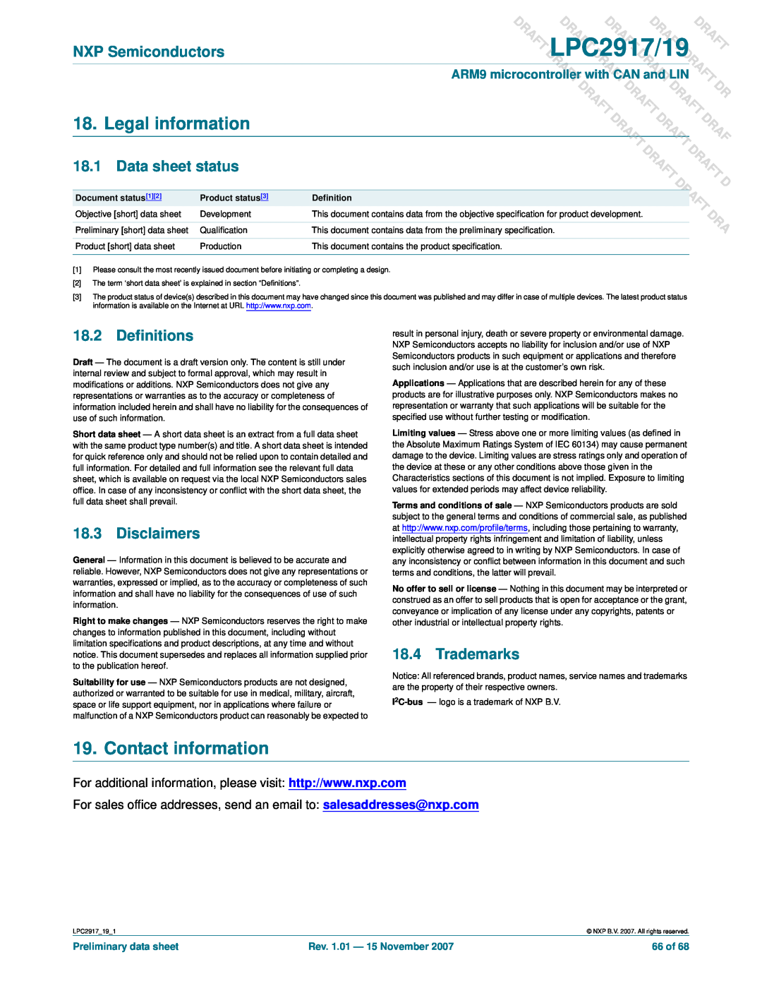 NXP Semiconductors LPC2919 user manual Legal information, Contact information, DLPC2917/19 