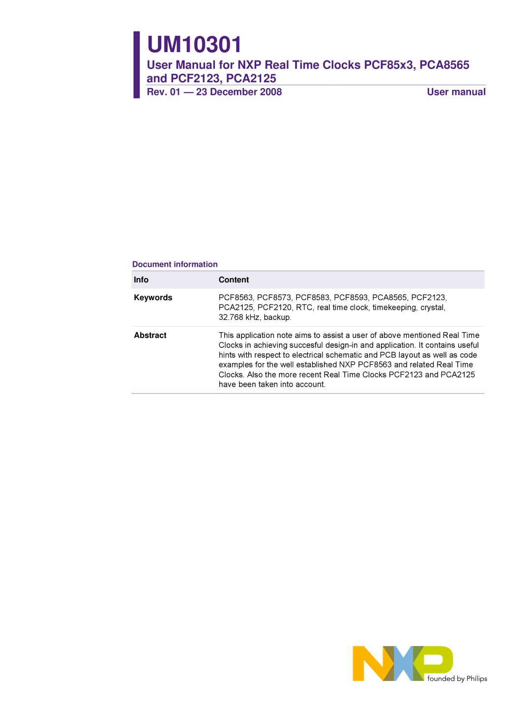 NXP Semiconductors PCF2123, PCF85x3, PCA8565, PCA2125 user manual Document information, Info Content Keywords, Abstract 