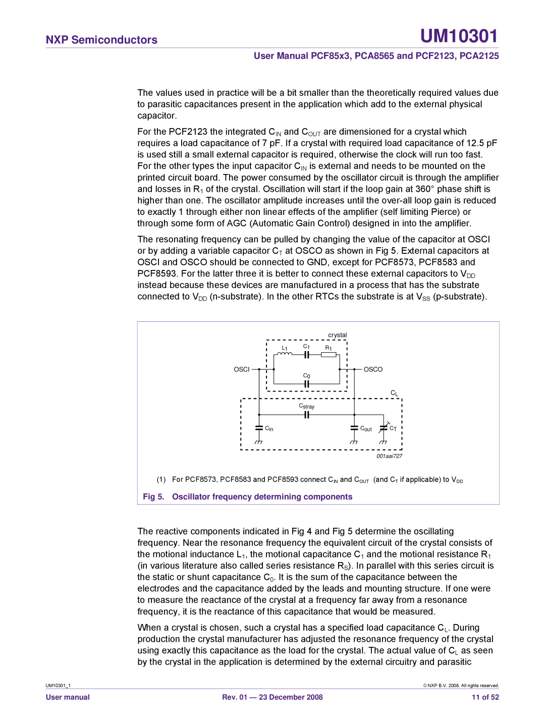 NXP Semiconductors PCA2125, PCF85x3, PCF2123, PCA8565 user manual Oscillator frequency determining components 