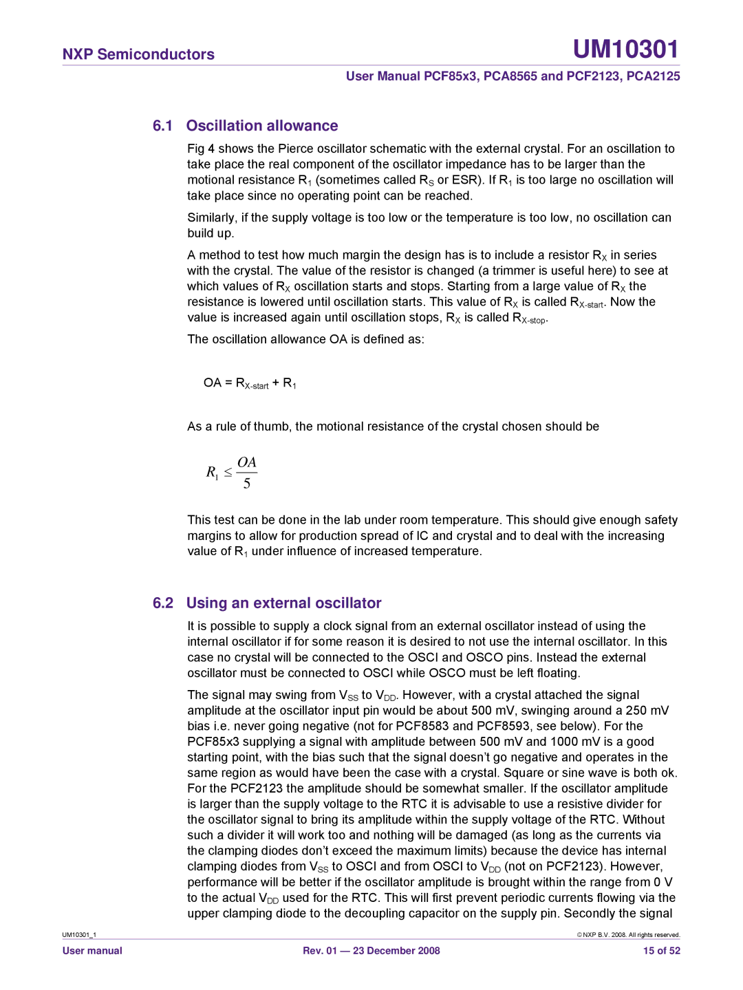 NXP Semiconductors PCA2125, PCF85x3, PCF2123, PCA8565 user manual Oscillation allowance, Using an external oscillator 