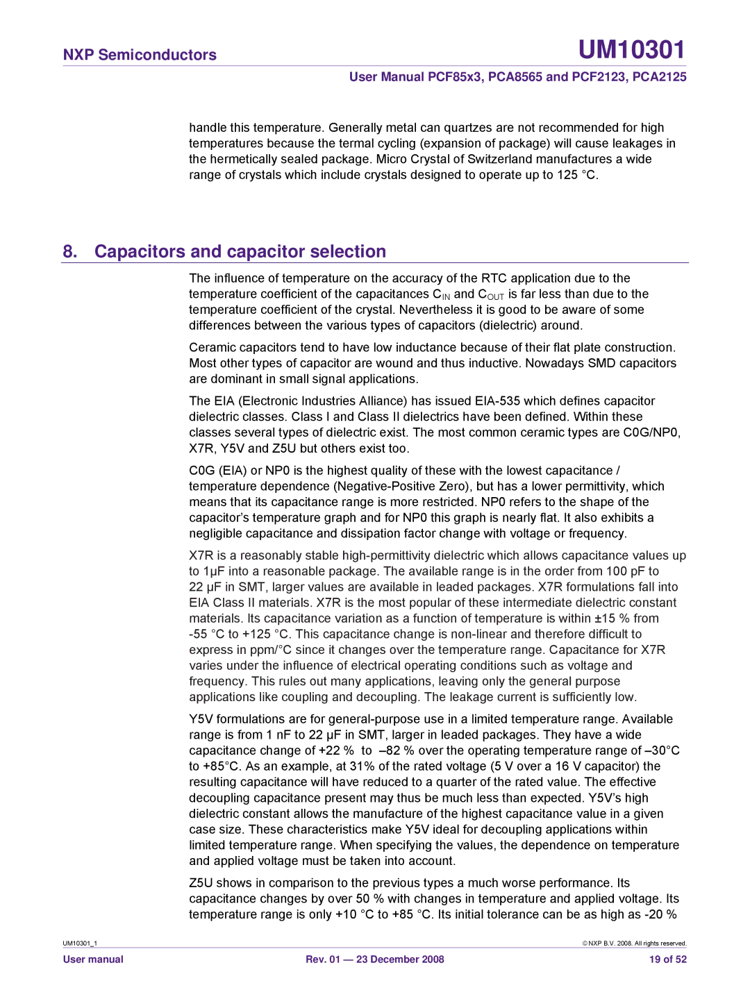 NXP Semiconductors PCA2125, PCF85x3, PCF2123, PCA8565 user manual Capacitors and capacitor selection 