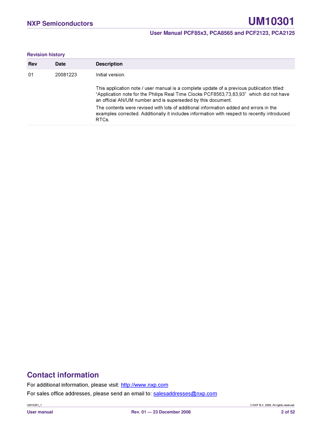 NXP Semiconductors PCA8565, PCF85x3 Contact information, NXP Semiconductors, Revision history, Rev Date Description 