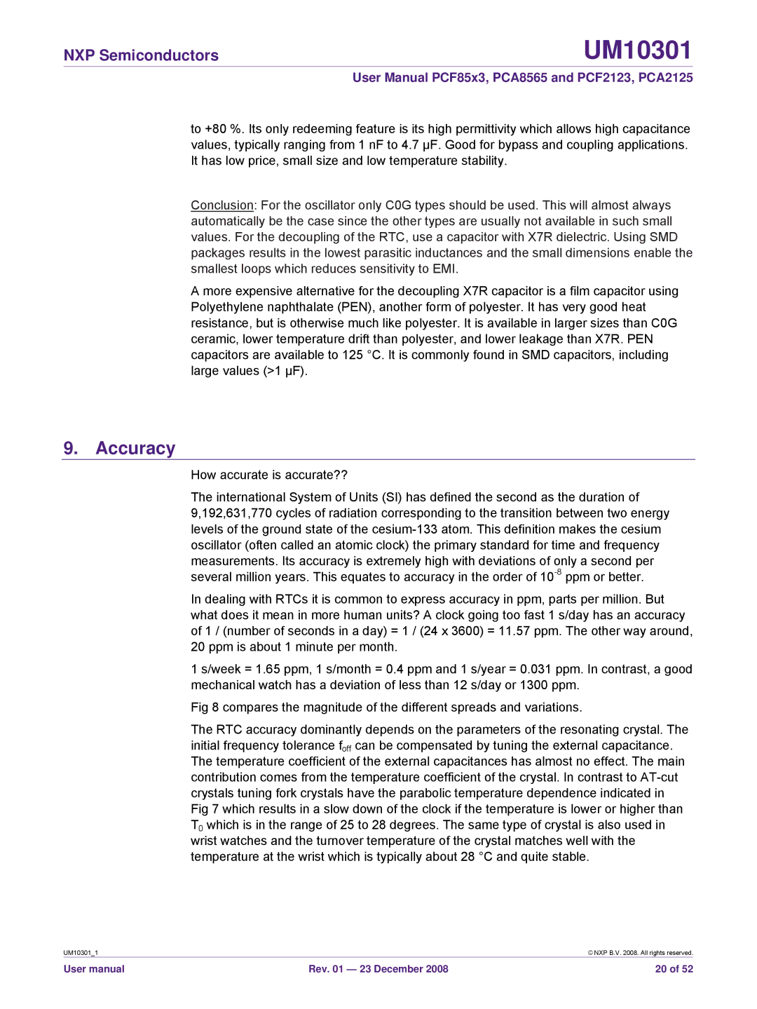 NXP Semiconductors PCF85x3, PCF2123, PCA8565, PCA2125 user manual Accuracy 