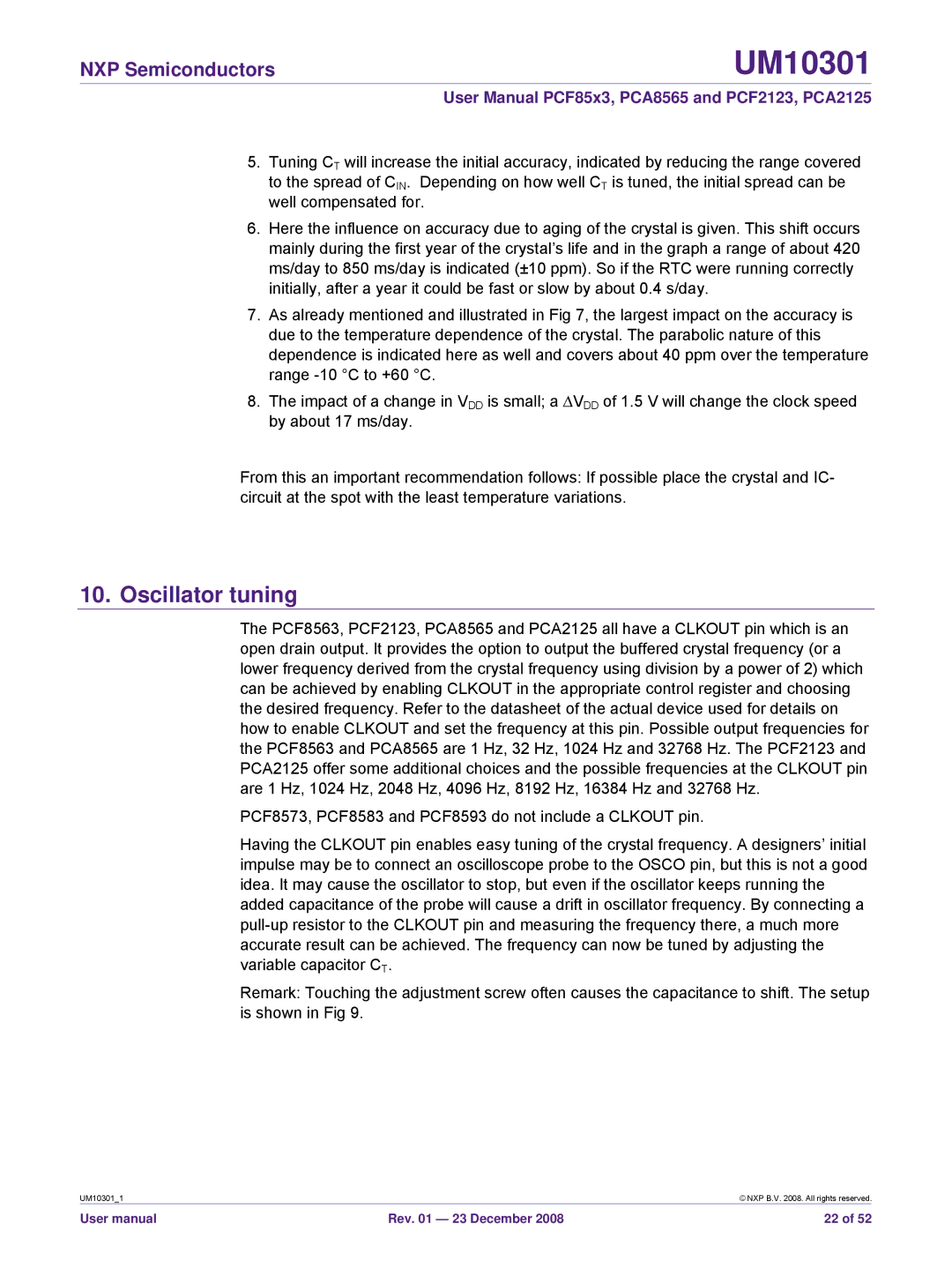 NXP Semiconductors PCA8565, PCF85x3, PCF2123, PCA2125 user manual Oscillator tuning 