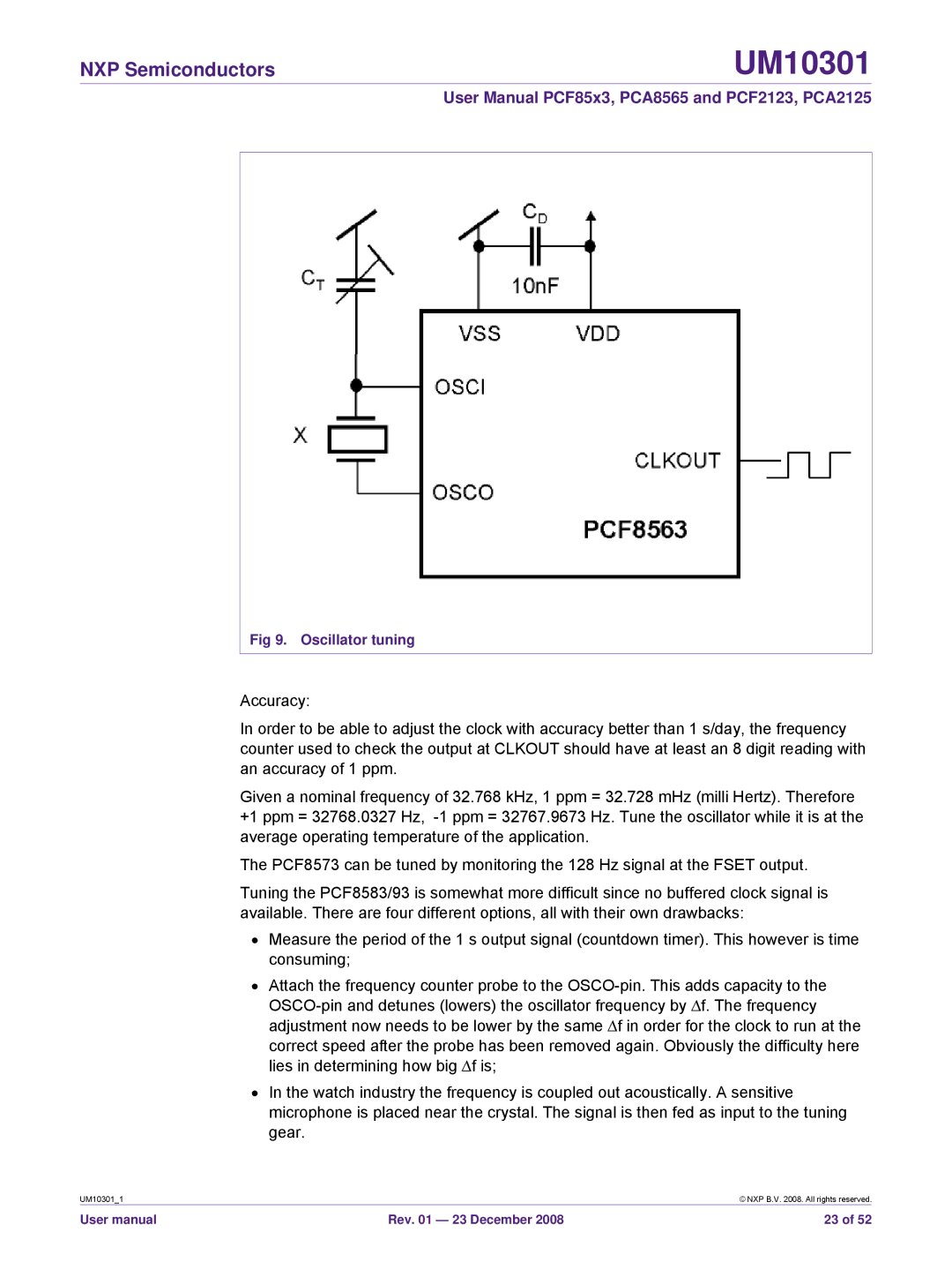 NXP Semiconductors PCA2125, PCF85x3, PCF2123, PCA8565 user manual Oscillator tuning 