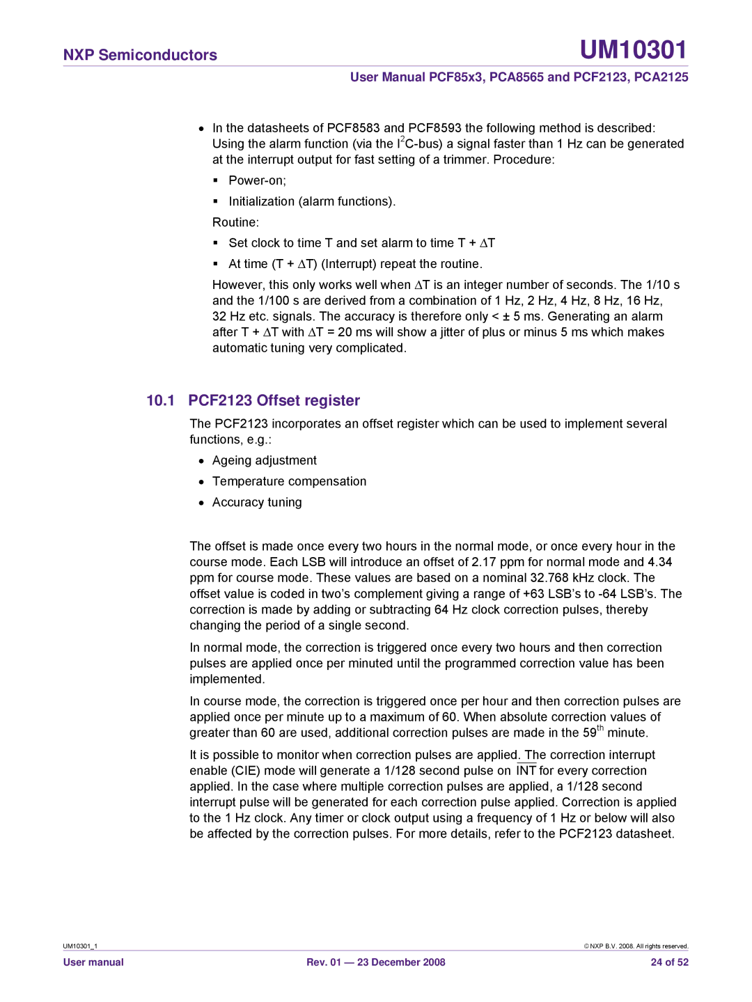 NXP Semiconductors PCF85x3, PCA8565, PCA2125 user manual 10.1 PCF2123 Offset register 