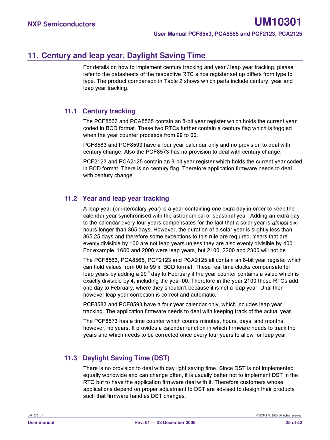 NXP Semiconductors PCF2123 Century and leap year, Daylight Saving Time, Century tracking, Year and leap year tracking 