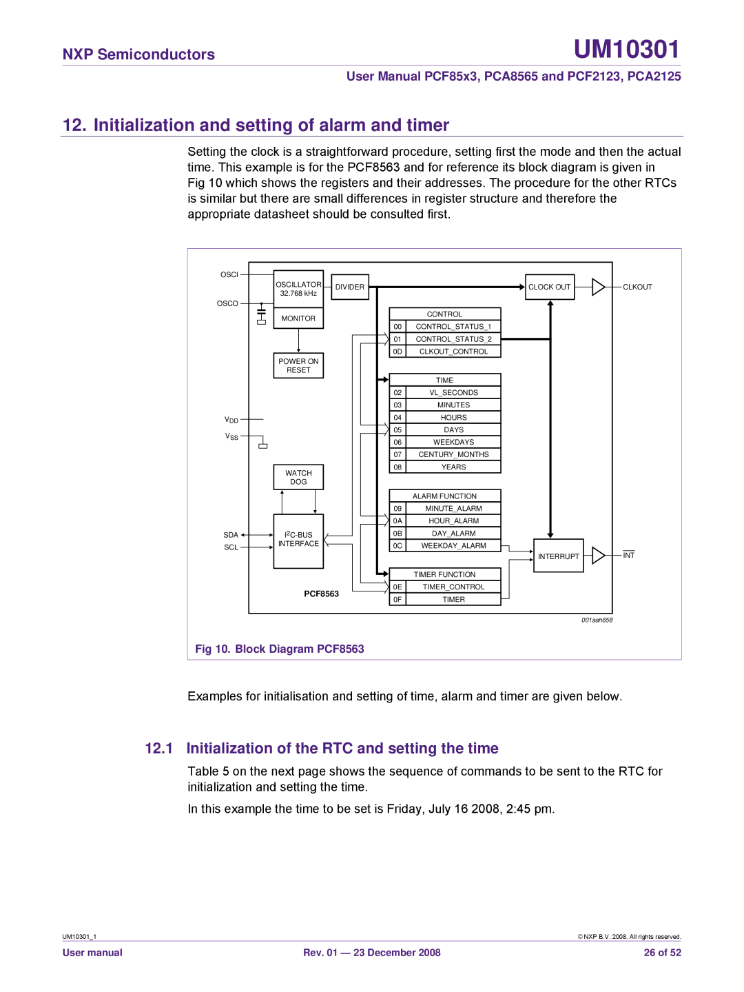 NXP Semiconductors PCA8565 Initialization and setting of alarm and timer, Initialization of the RTC and setting the time 