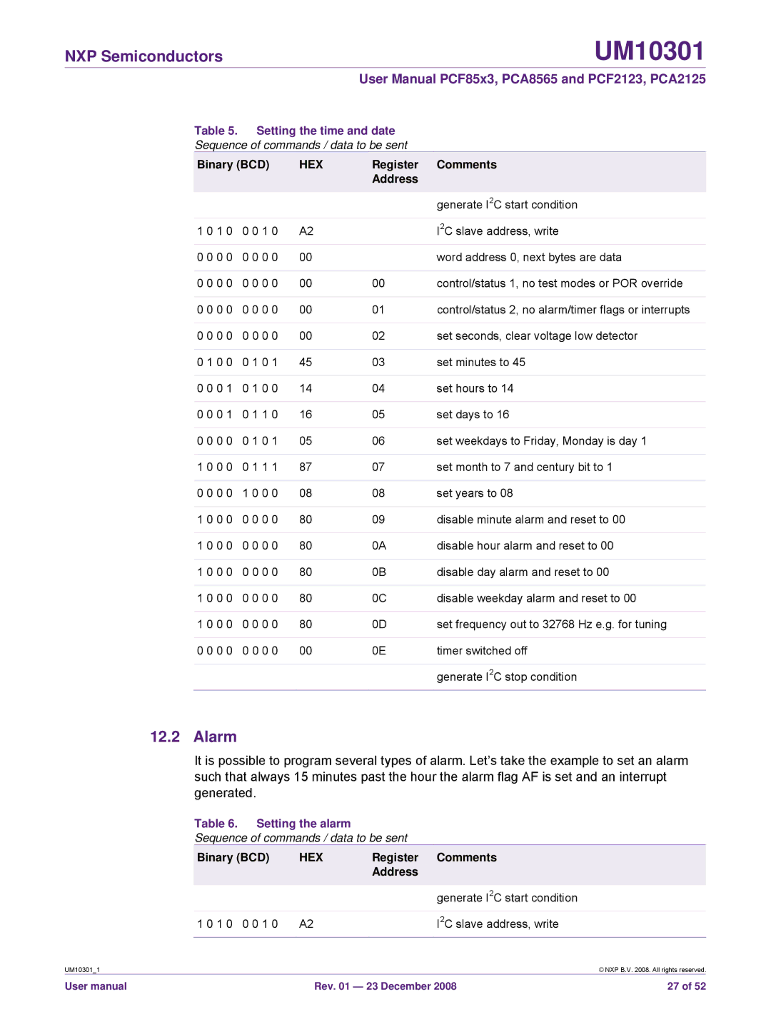 NXP Semiconductors PCA2125, PCF85x3, PCF2123, PCA8565 Alarm, Setting the alarm, Binary BCD, Register Comments Address 