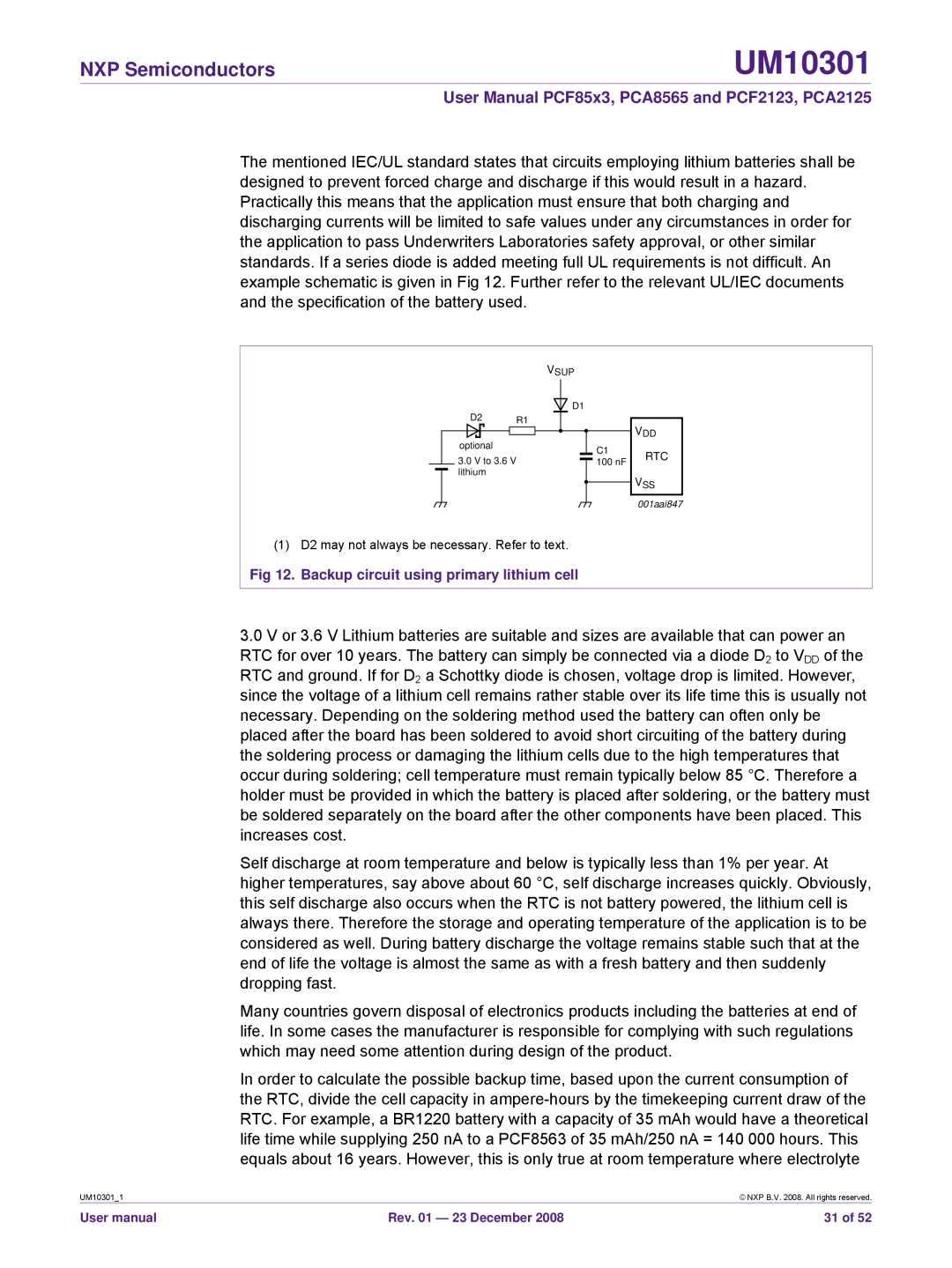 NXP Semiconductors PCA2125, PCF85x3, PCF2123, PCA8565 user manual Backup circuit using primary lithium cell 