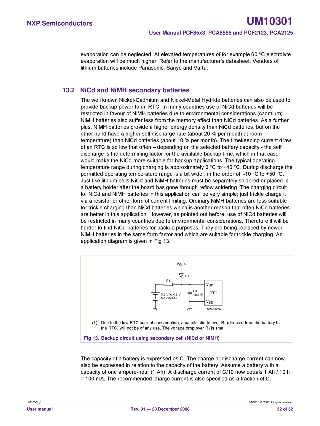 NXP Semiconductors PCF85x3, PCF2123 NiCd and NiMH secondary batteries, Backup circuit using secondary cell NiCd or NiMH 