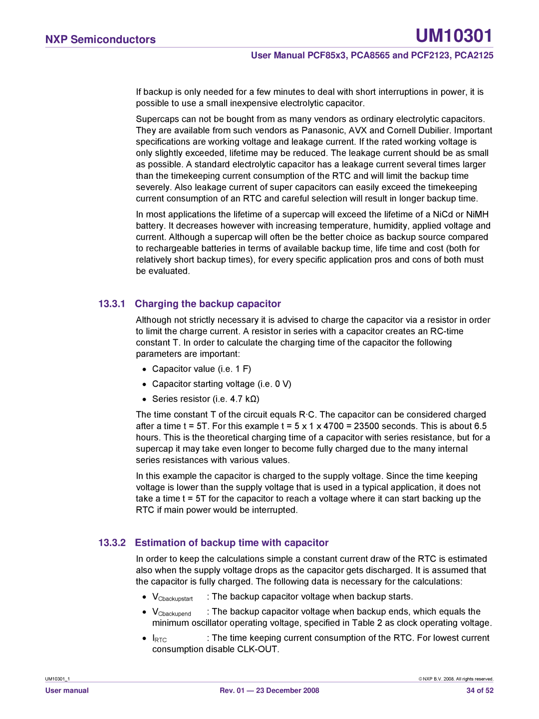 NXP Semiconductors PCA8565, PCF85x3, PCF2123, PCA2125 user manual Charging the backup capacitor 