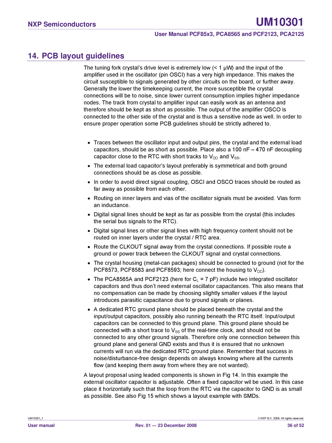 NXP Semiconductors PCF85x3, PCF2123, PCA8565, PCA2125 user manual PCB layout guidelines 