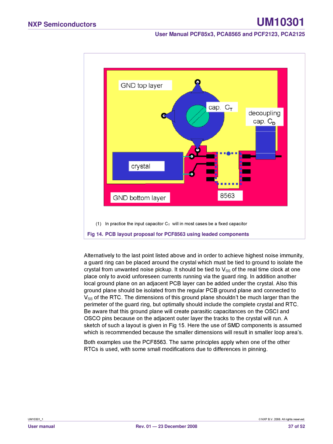 NXP Semiconductors PCF2123, PCF85x3, PCA8565, PCA2125 user manual PCB layout proposal for PCF8563 using leaded components 