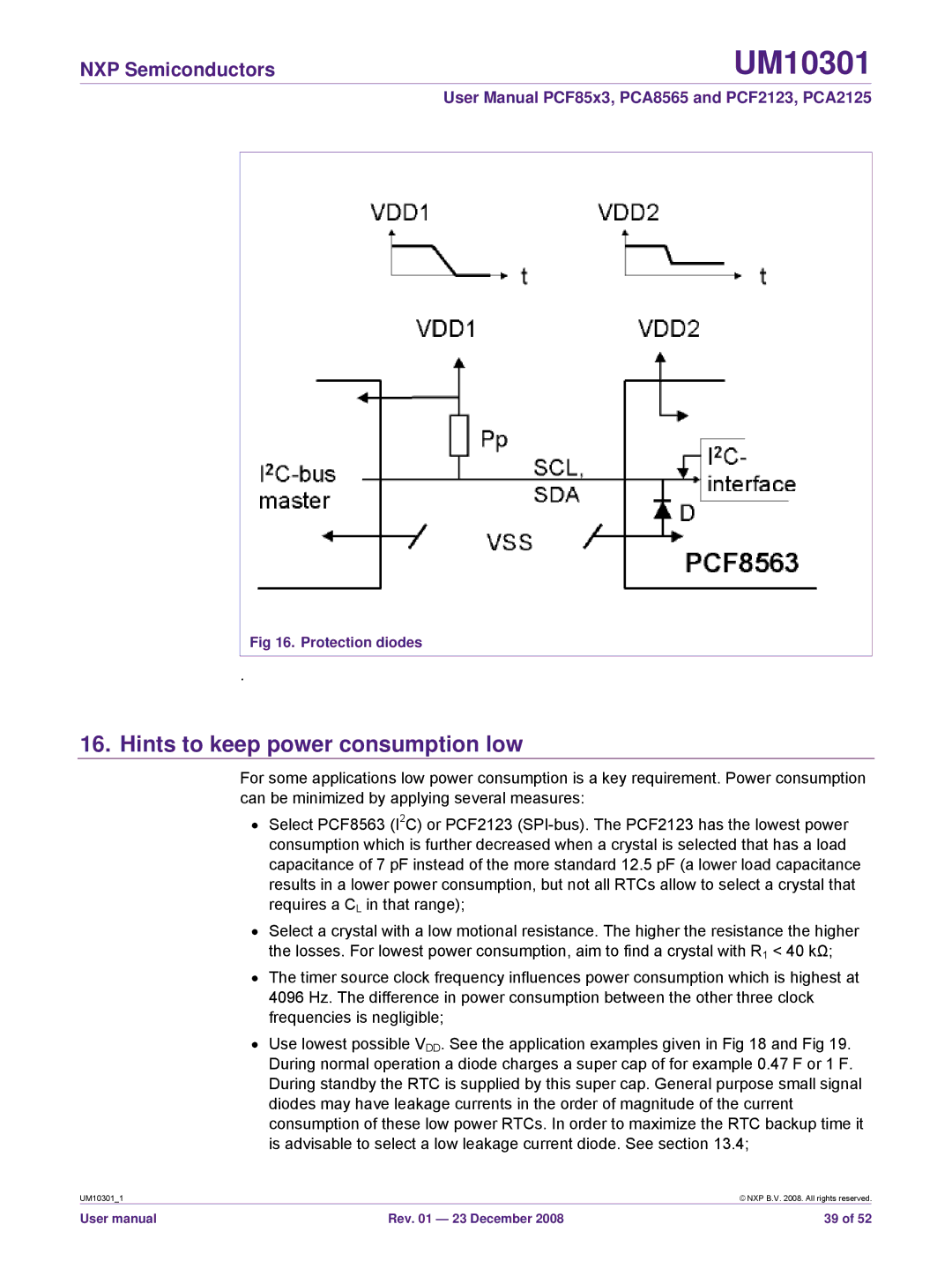 NXP Semiconductors PCA2125, PCF85x3, PCF2123, PCA8565 user manual Hints to keep power consumption low, Protection diodes 