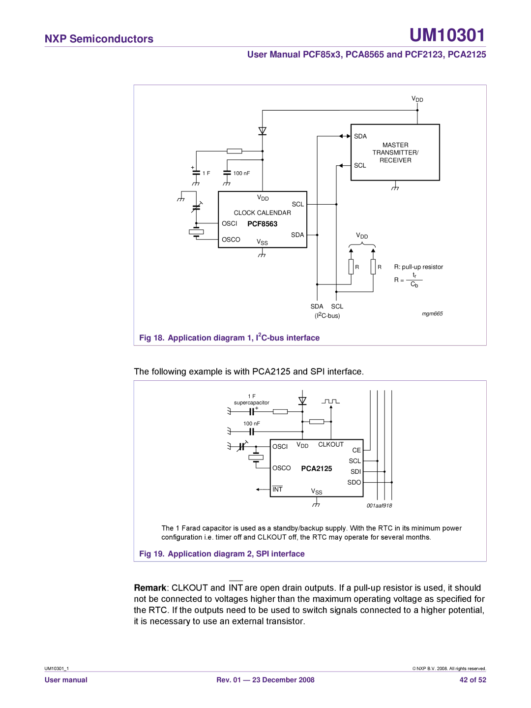 NXP Semiconductors PCA8565, PCF85x3, PCF2123 Application diagram 1, I2C-bus interface, Application diagram 2, SPI interface 