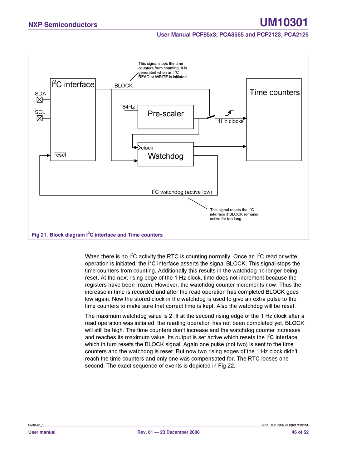 NXP Semiconductors PCA8565, PCF85x3, PCF2123, PCA2125 user manual Block diagram I2C interface and Time counters 