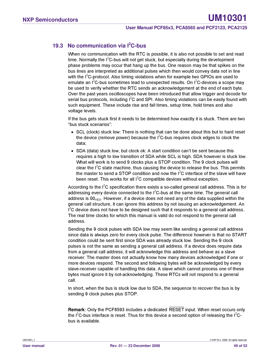 NXP Semiconductors PCF2123, PCF85x3, PCA8565, PCA2125 user manual No communication via I2C-bus 