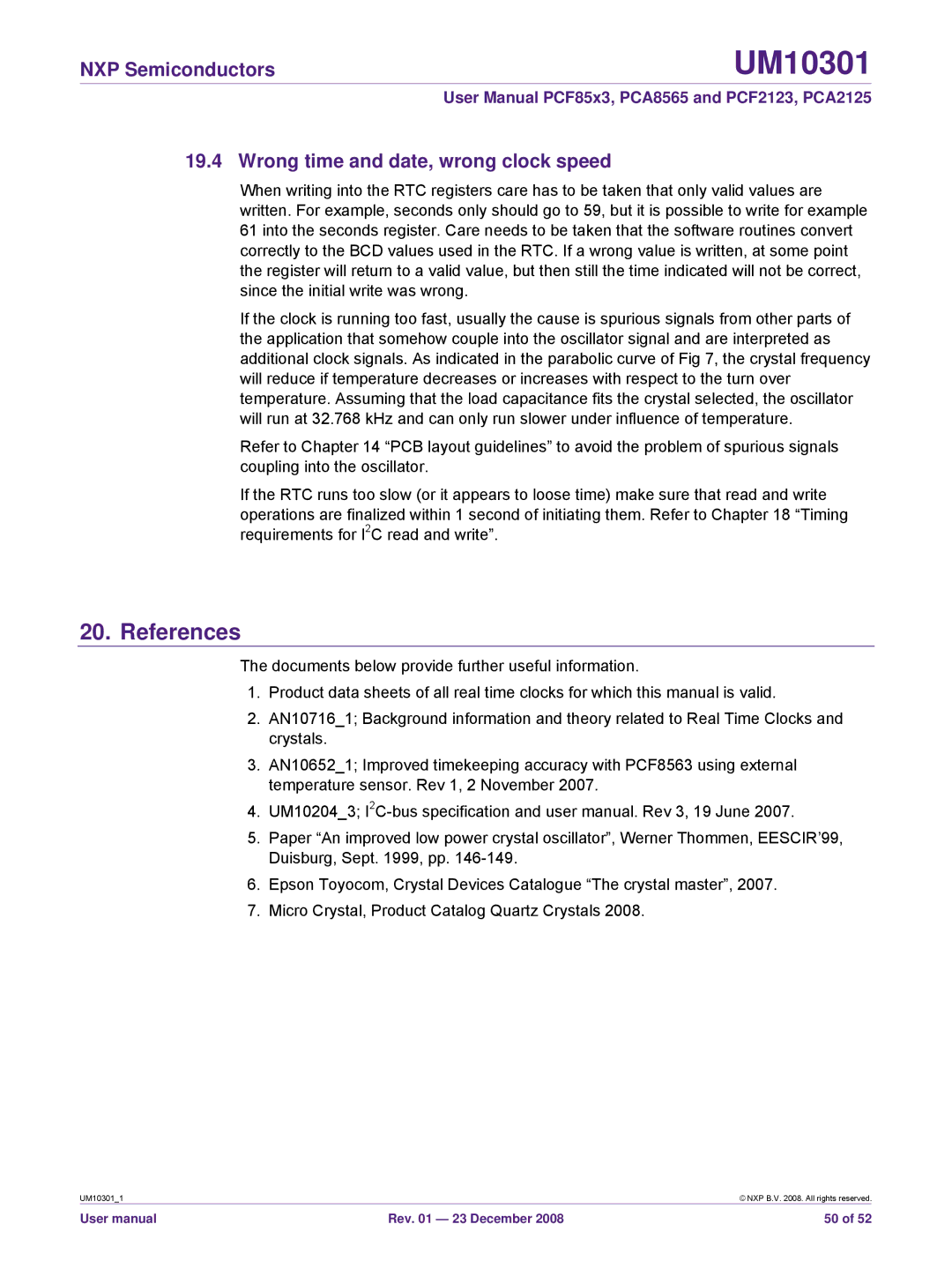 NXP Semiconductors PCA8565, PCF85x3, PCF2123, PCA2125 user manual References, Wrong time and date, wrong clock speed 