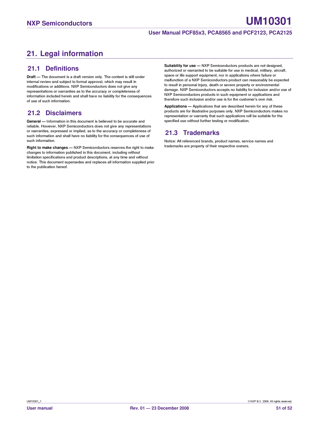 NXP Semiconductors PCA2125, PCF85x3, PCF2123, PCA8565 user manual Legal information, Definitions, Disclaimers, Trademarks 