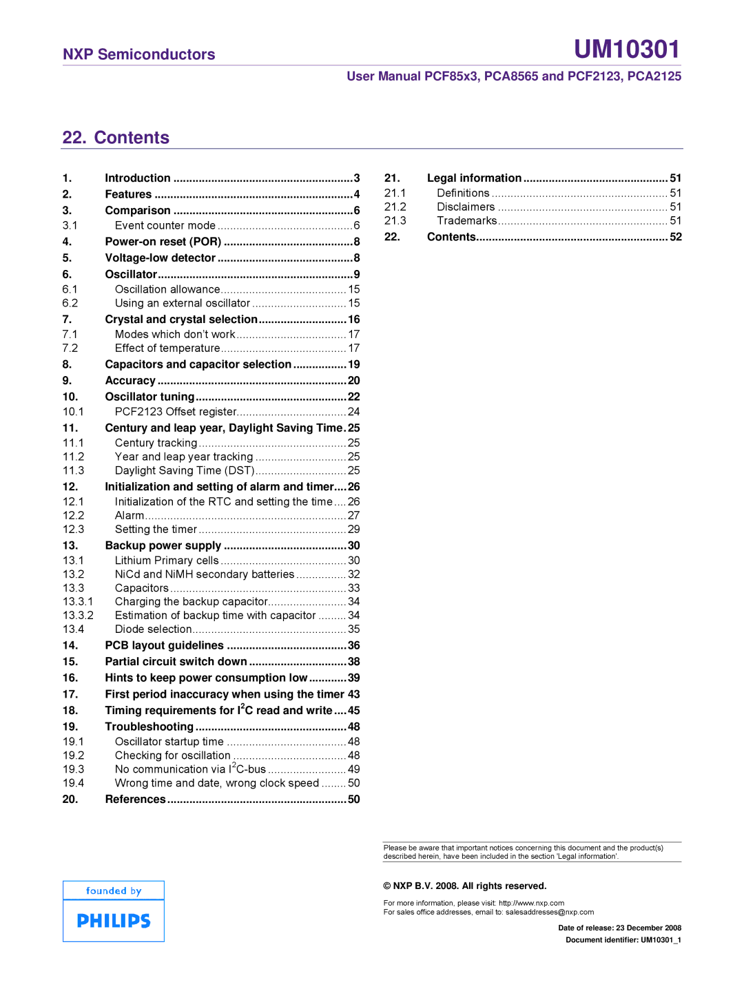 NXP Semiconductors PCF85x3, PCF2123, PCA8565, PCA2125 user manual Contents 