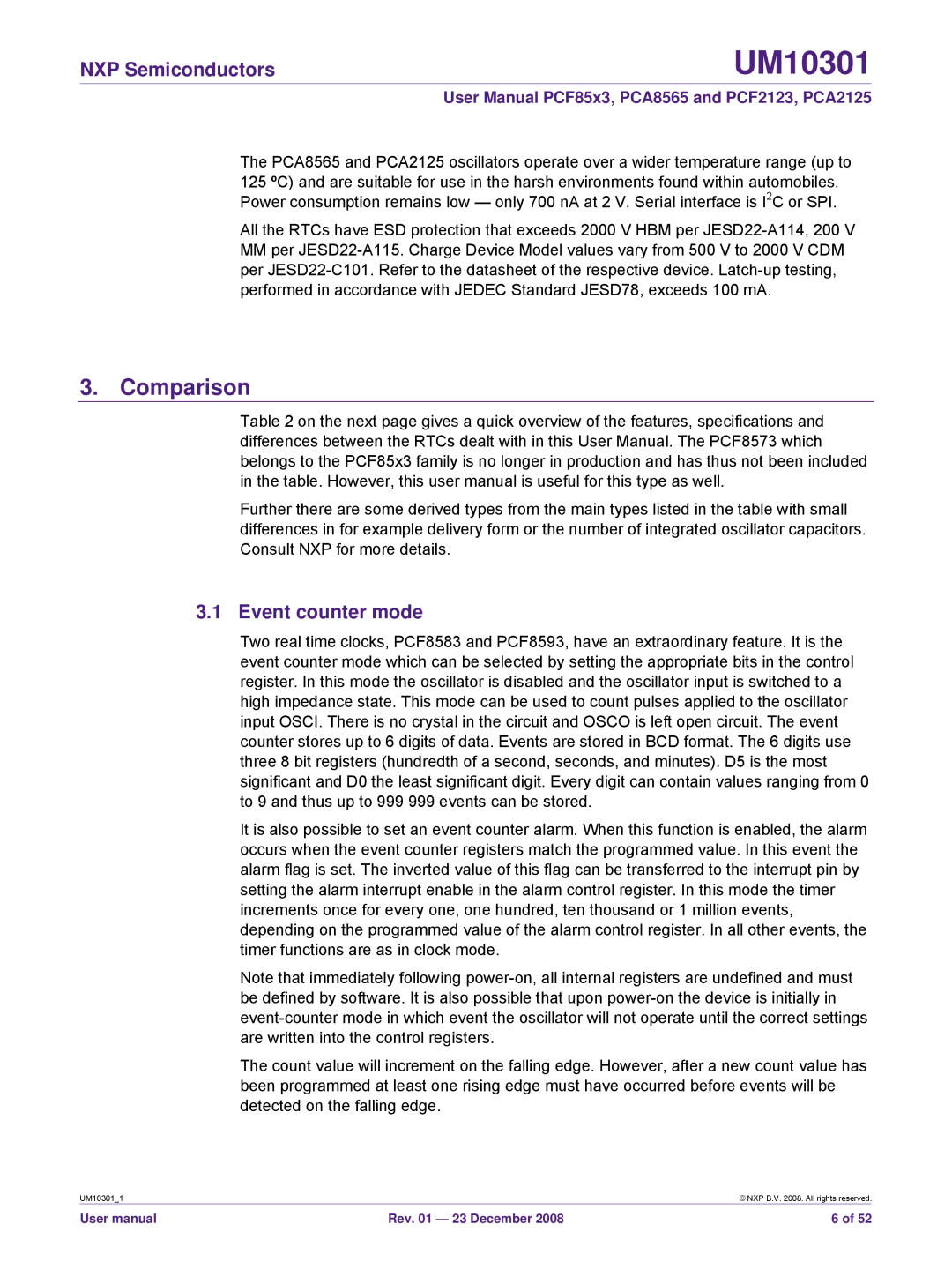 NXP Semiconductors PCA8565, PCF85x3, PCF2123, PCA2125 user manual Comparison, Event counter mode 