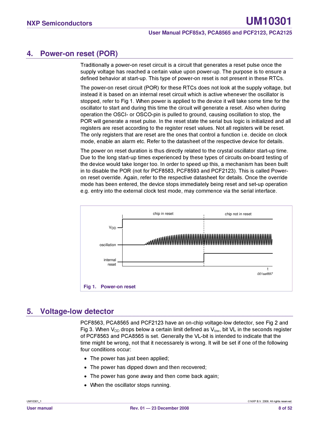 NXP Semiconductors PCF85x3, PCF2123, PCA8565, PCA2125 user manual Power-on reset POR, Voltage-low detector 