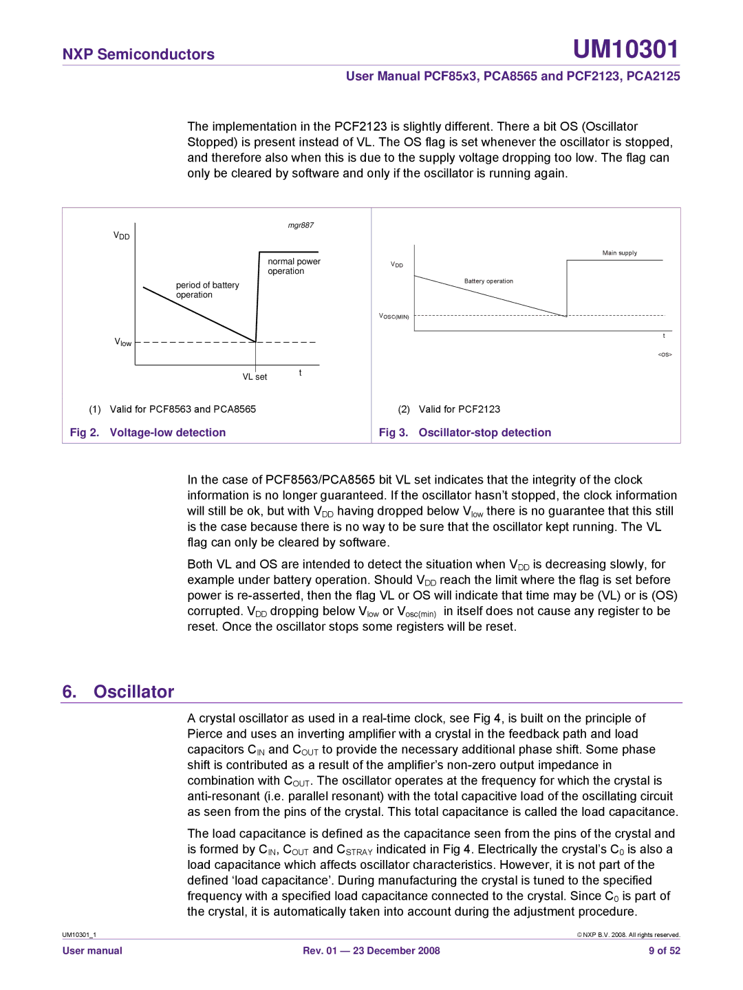 NXP Semiconductors PCF2123, PCF85x3, PCA8565, PCA2125 user manual Voltage-low detection, Oscillator-stop detection 