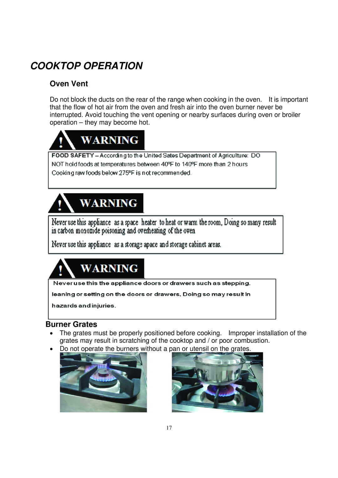 NXR BX3062, DRGB4801, BX3031 manual Cooktop Operation, Oven Vent, Burner Grates 