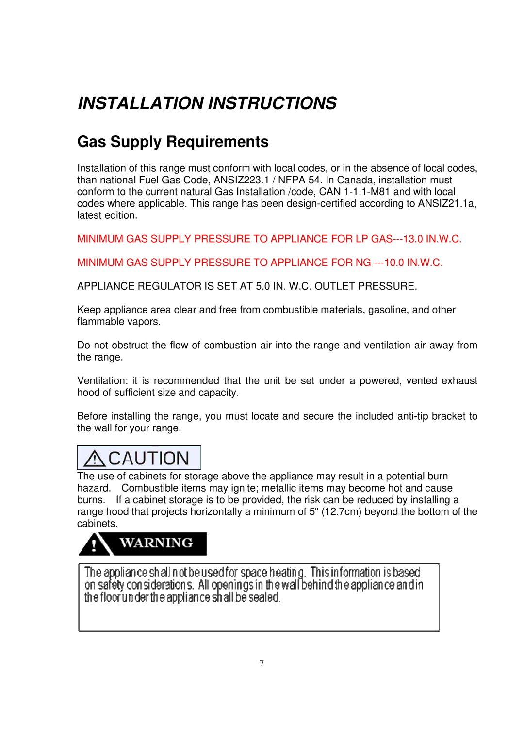 NXR BX3031, DRGB4801, BX3062 manual Gas Supply Requirements 