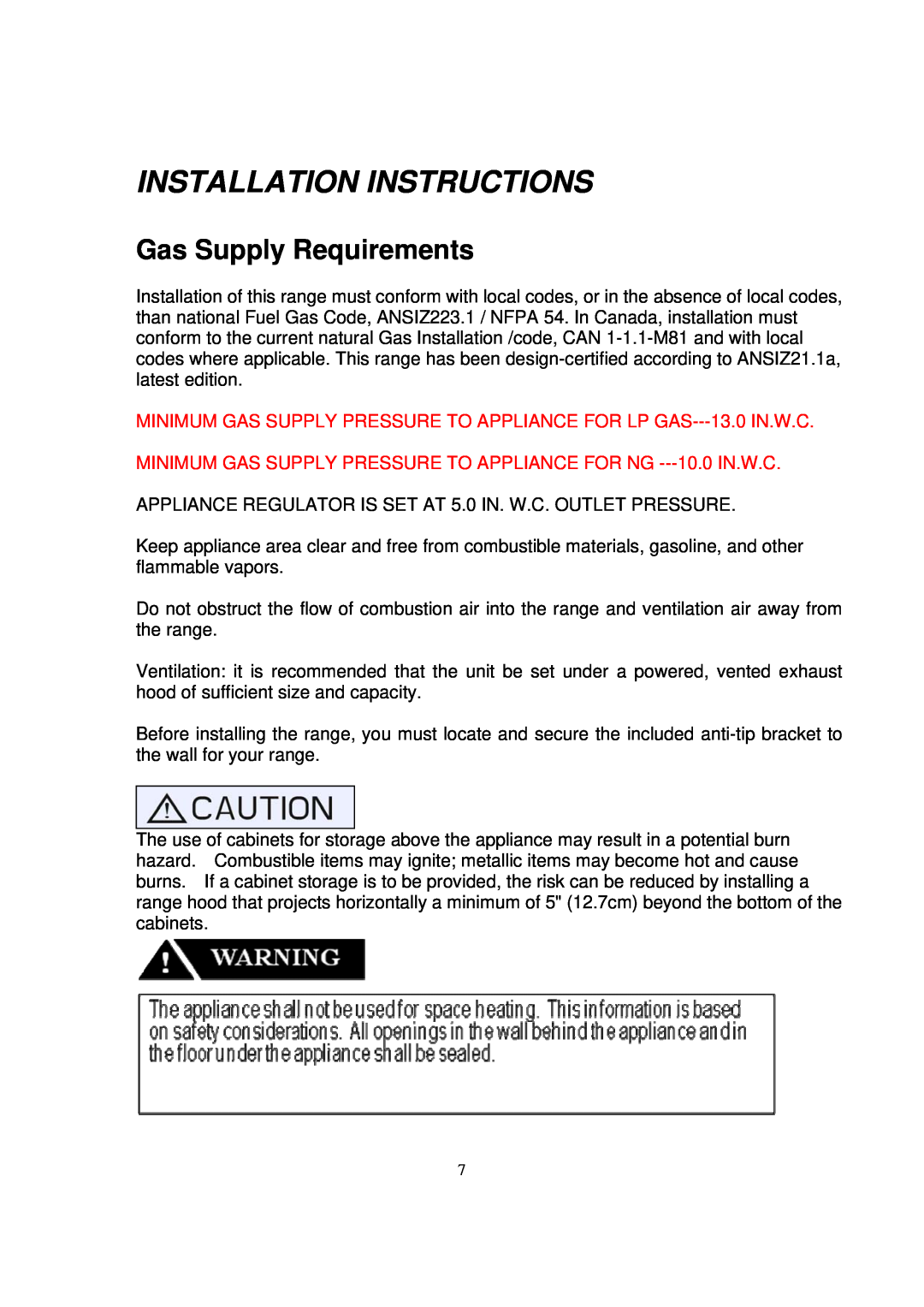 NXR BX3031, DRGB4801, BX3062 manual Gas Supply Requirements, Installation Instructions 