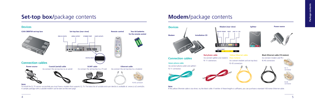 O2 Innovations 3800TW user manual Set-top box/package contents, Modem/package contents 