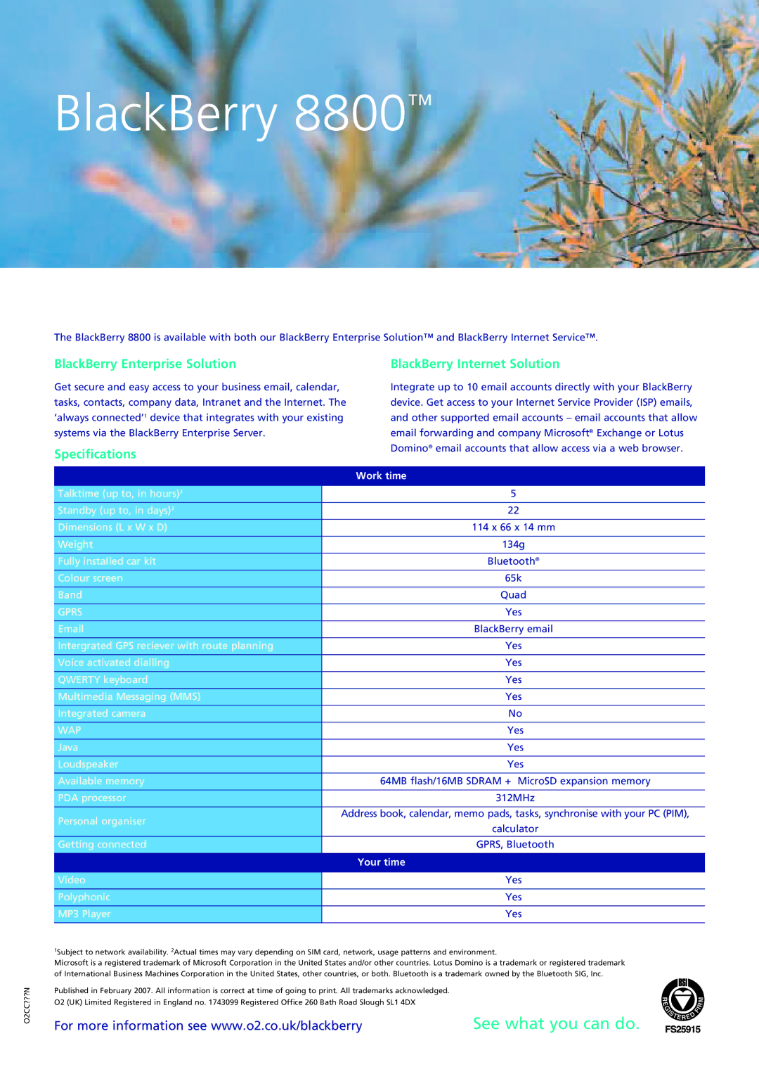 O2 Innovations 8800 BlackBerry Enterprise Solution, Specifications BlackBerry Internet Solution, Work time, Your time 