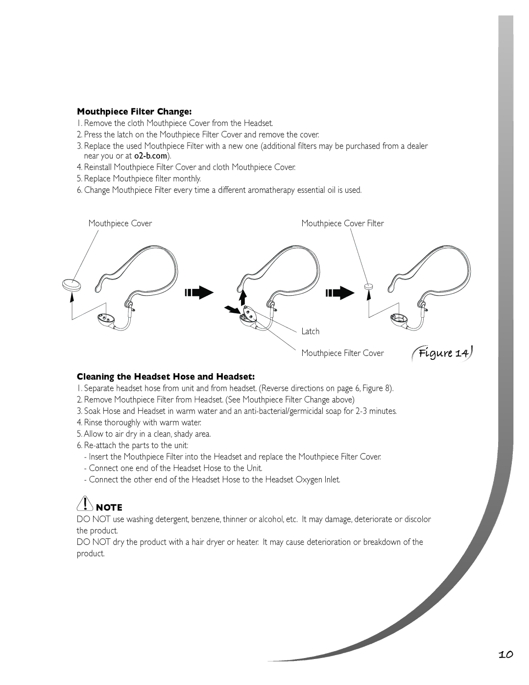 O2 Innovations CTA-08 owner manual Mouthpiece Filter Change, Cleaning the Headset Hose and Headset 