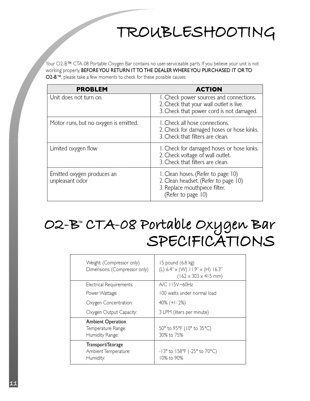 O2 Innovations CTA-08 owner manual Troubleshooting, Specifications 