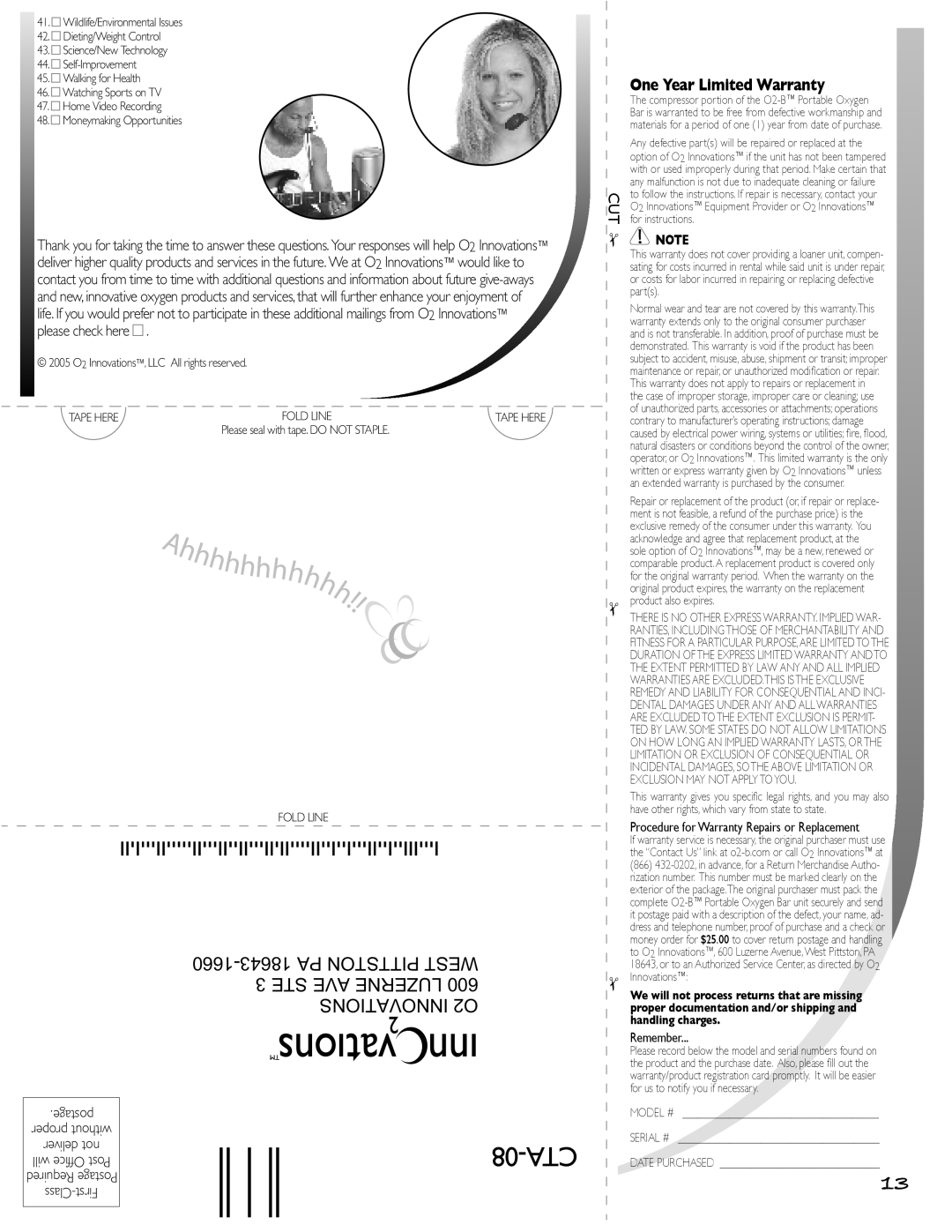 O2 Innovations CTA-08 owner manual 08-CTA, One Year Limited Warranty 