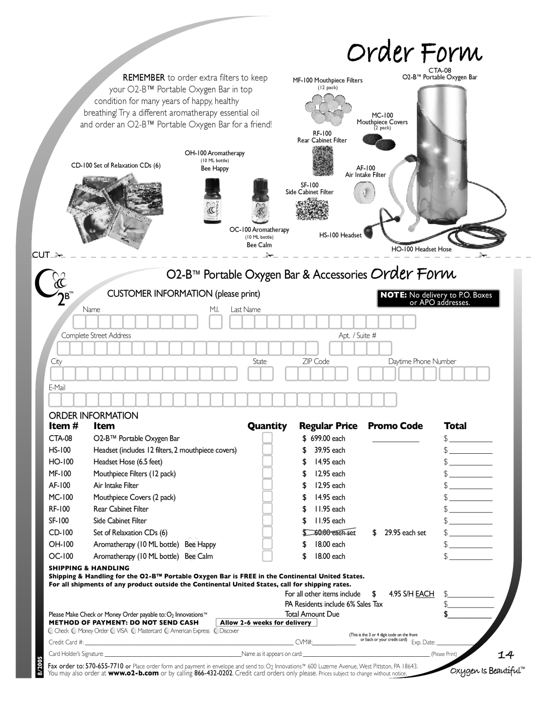 O2 Innovations CTA-08 owner manual Order Form, Item # Quantity Regular Price Promo Code Total 