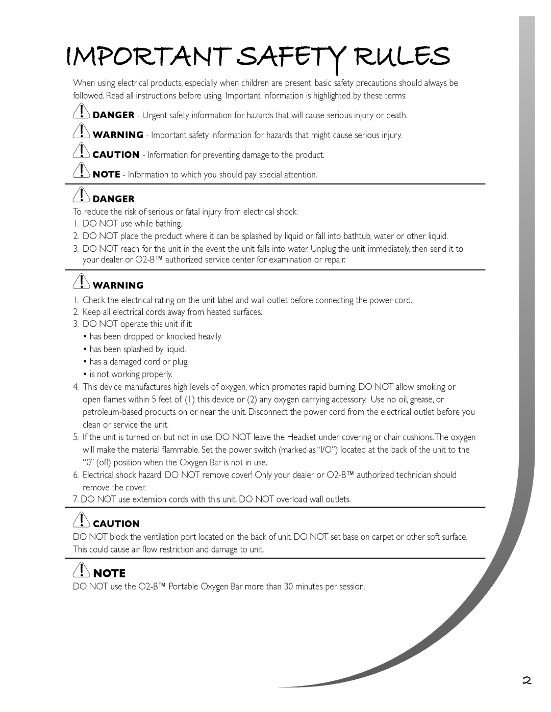 O2 Innovations CTA-08 owner manual Important Safety Rules 