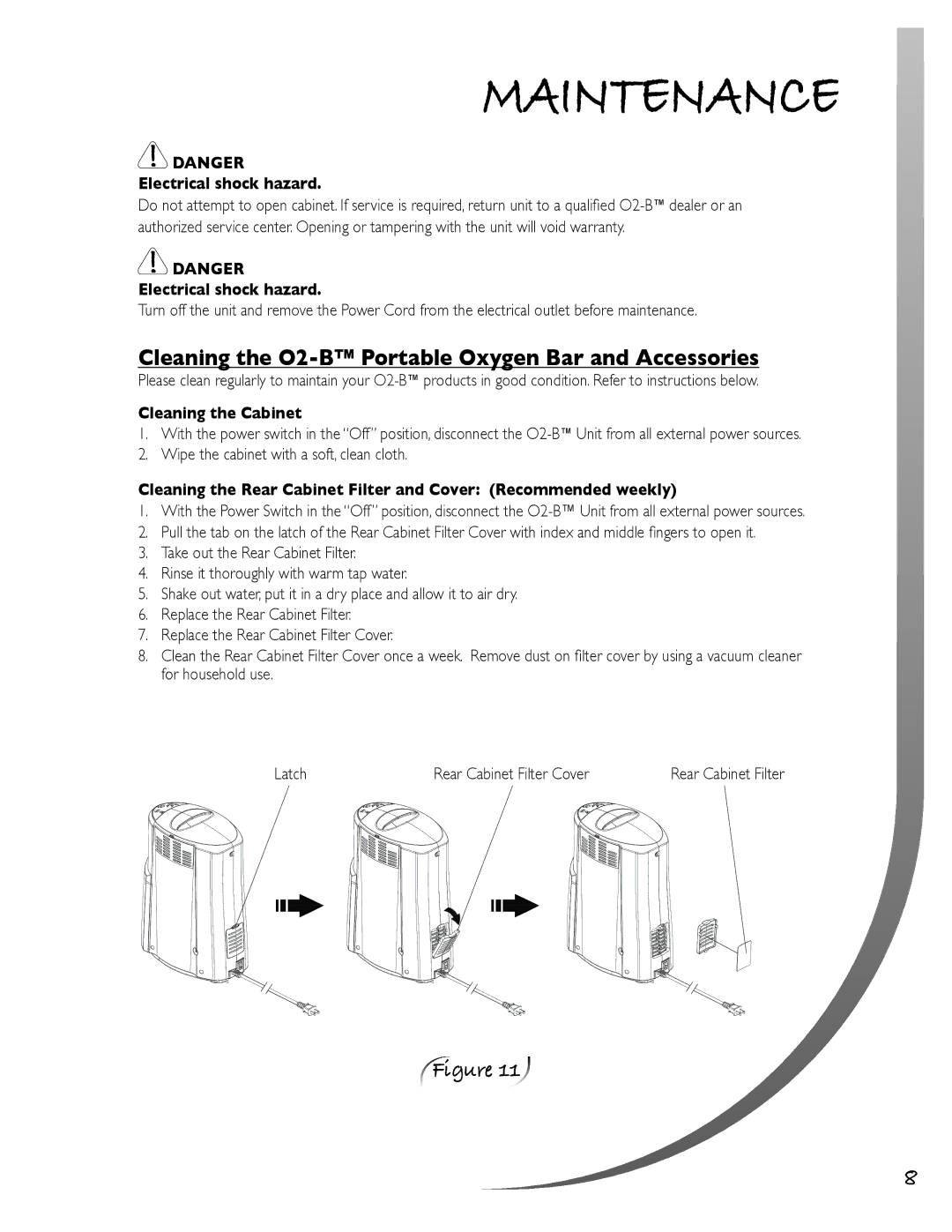 O2 Innovations CTA-08 owner manual Maintenance, Electrical shock hazard, Cleaning the Cabinet 