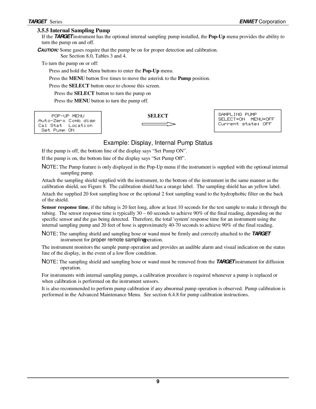 O2 Innovations pmn manual Example Display, Internal Pump Status, Internal Sampling Pump 