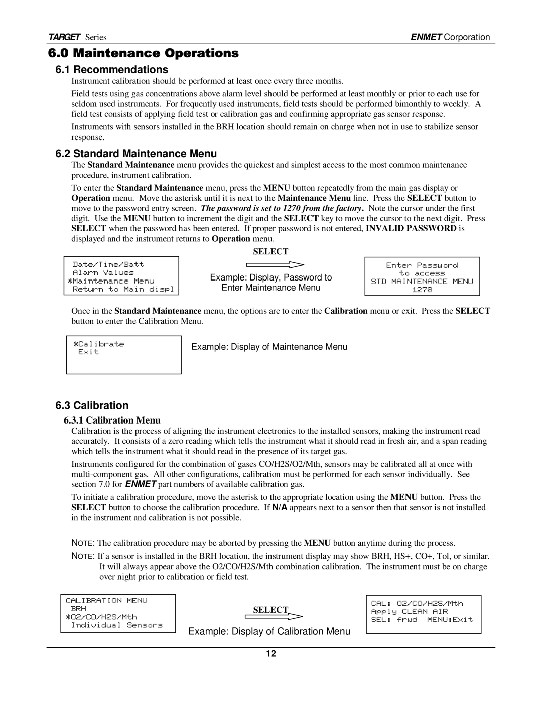 O2 Innovations pmn manual Maintenance Operations, Recommendations, Standard Maintenance Menu, Calibration Menu 