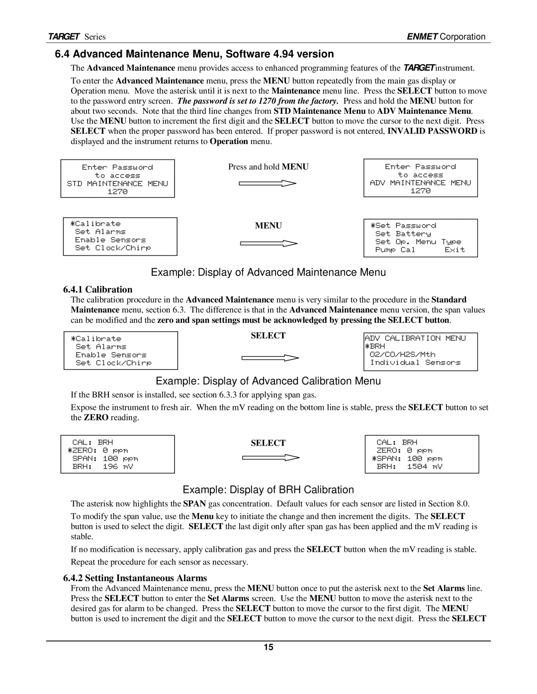 O2 Innovations pmn manual Advanced Maintenance Menu, Software 4.94 version, Example Display of Advanced Maintenance Menu 