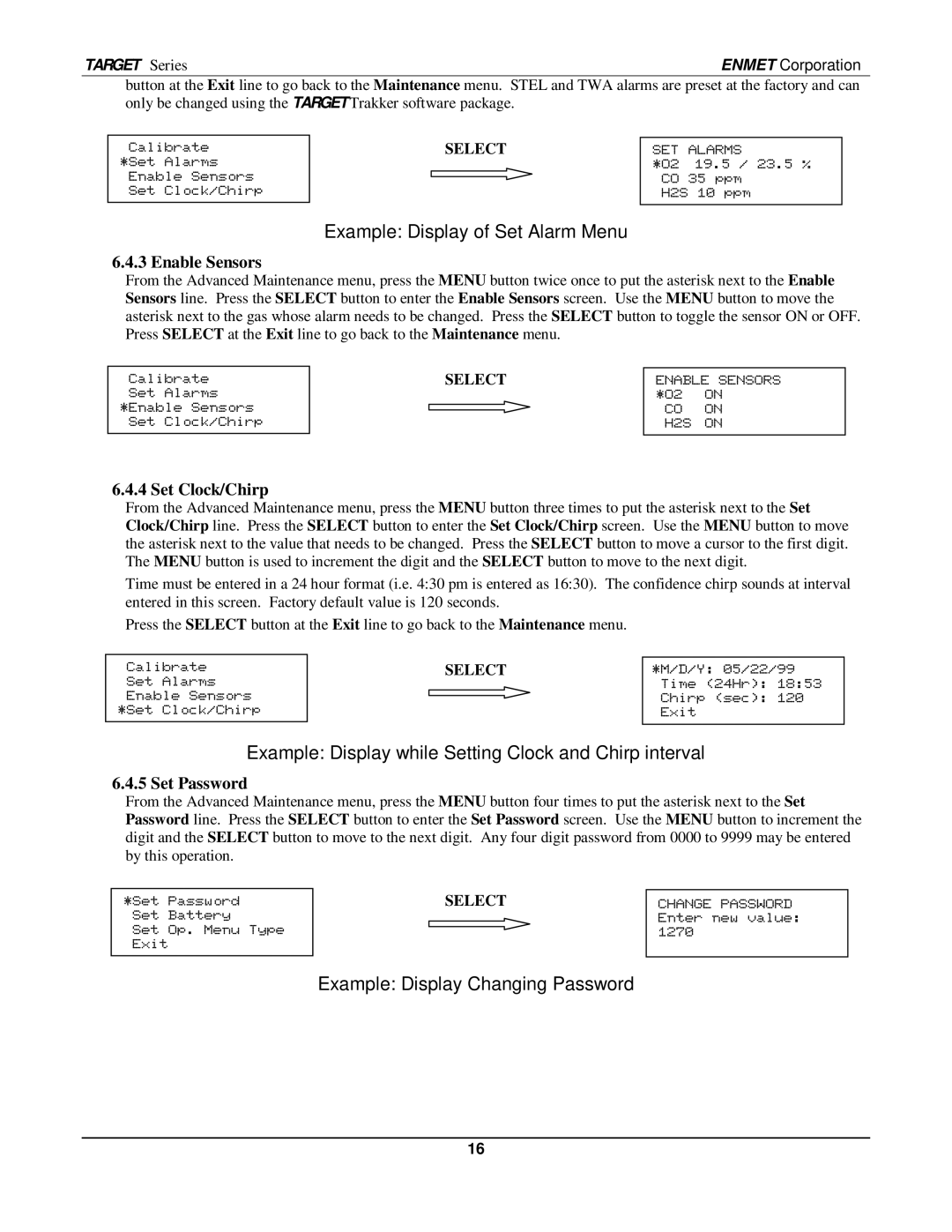 O2 Innovations pmn manual Example Display of Set Alarm Menu, Example Display while Setting Clock and Chirp interval 